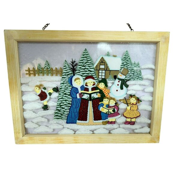 Winter Holiday Framed Hand-Painted Wall Window Hanging Carolers Snowman Skater - Picture 1 of 7